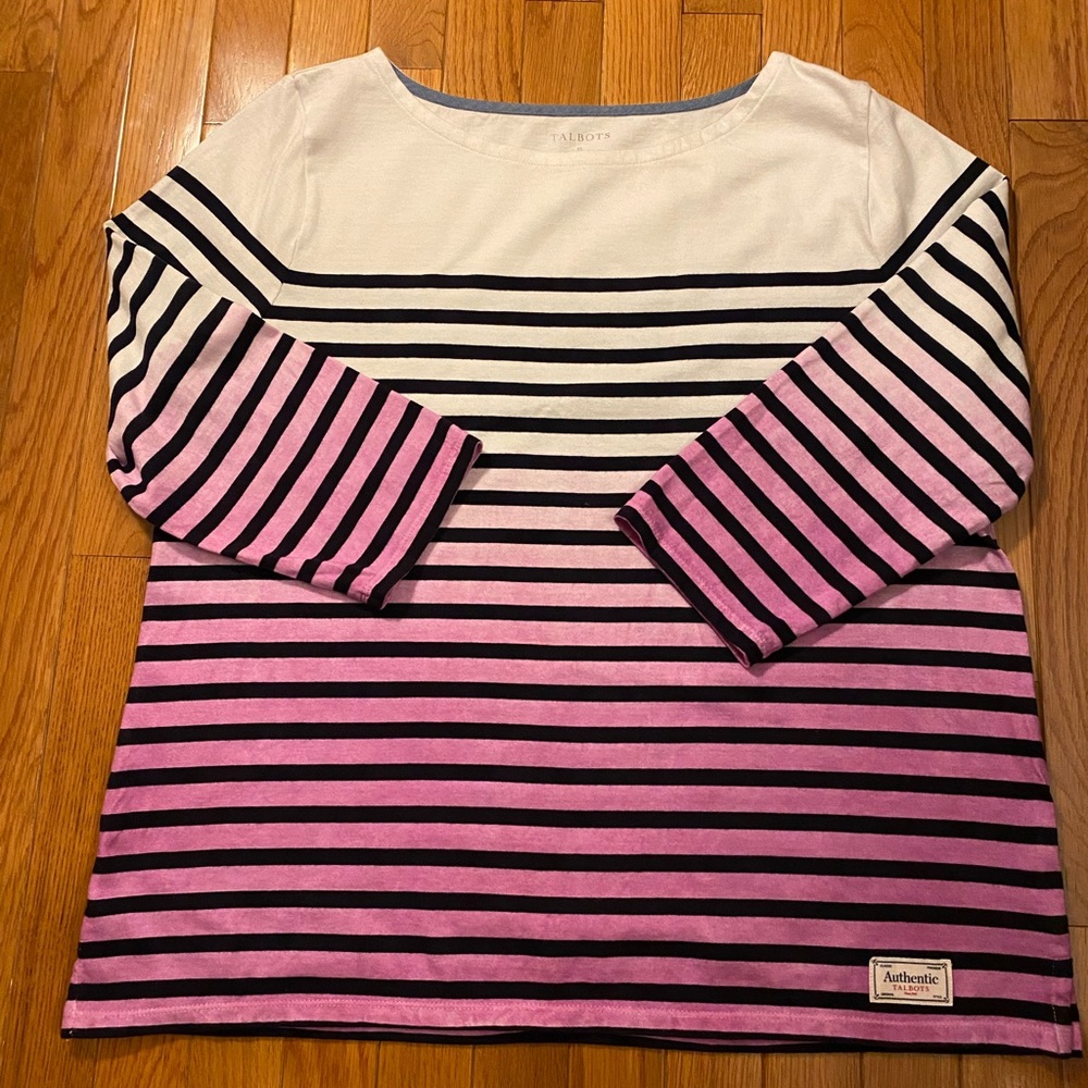 Talbots tee shirt, with stripes and gradient color over stripes